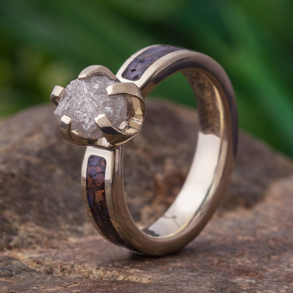 Rough Diamond Engagement Ring with Dinosaur Bone