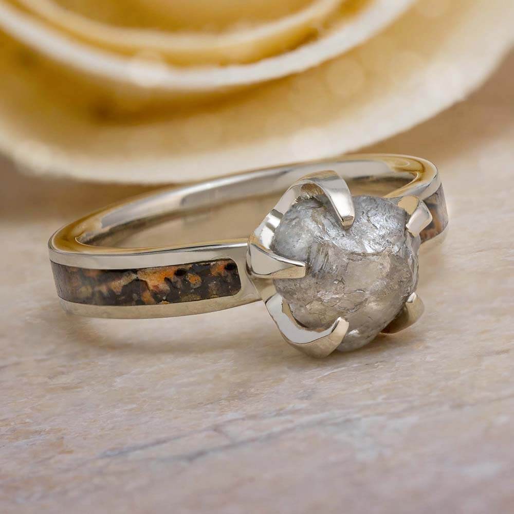 Rough Diamond Engagement Ring with Dinosaur Bone