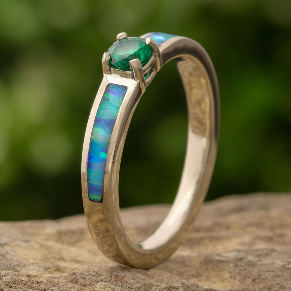 Emerald Engagement Ring with Opal