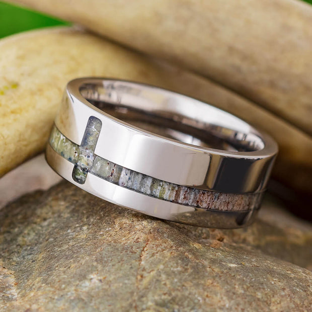 Titanium Ring With A Deer Antler Cross Inlay-2869 - Jewelry by Johan