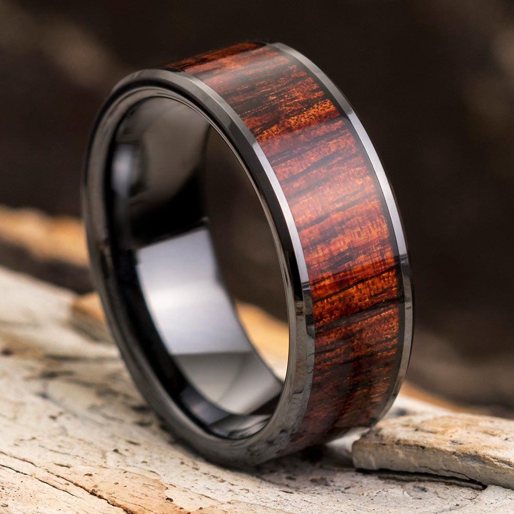 Koa Wood and Black Ceramic Ring for Men