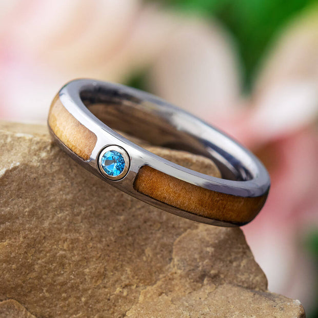 Aquamarine Wedding Band With Rowan Wood, Titanium-2946 - Jewelry by Johan