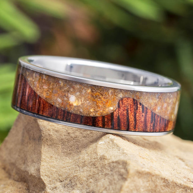 Wavy Wood Wedding Band with Dinosaur Bone