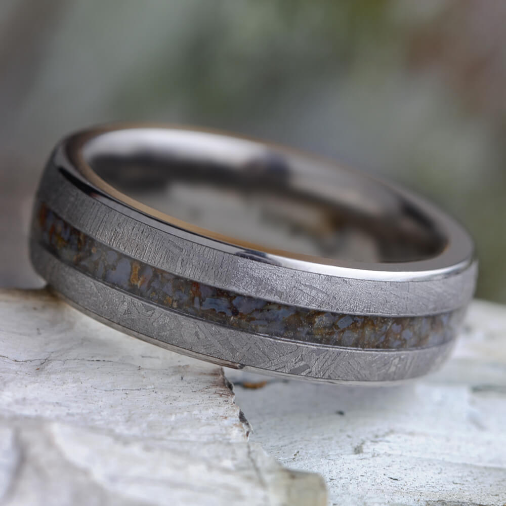Fossil Wedding Band With Gibeon Meteorite And Crushed Dinosaur Bone-2428 - Jewelry by Johan