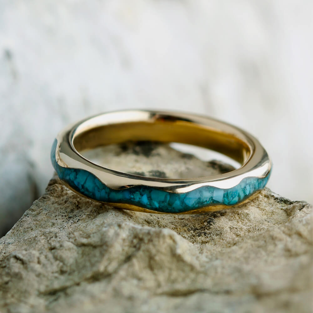 Wavy Gold Ring With Crushed Turquoise Inlay, Handmade Ring-2431 - Jewelry by Johan