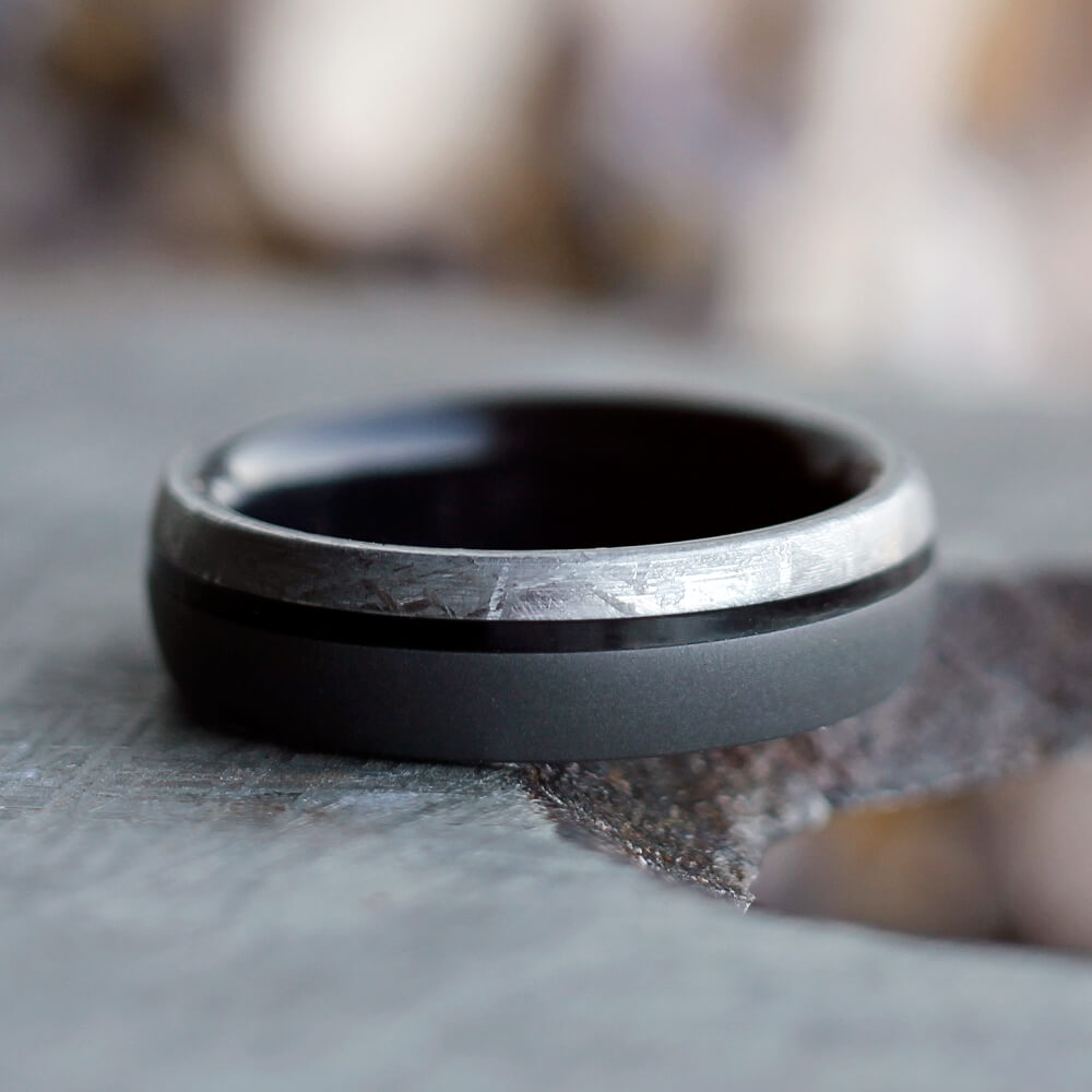 Sandblasted Men's Titanium Ring With Meteorite and Ebony Wood-2493 - Jewelry by Johan