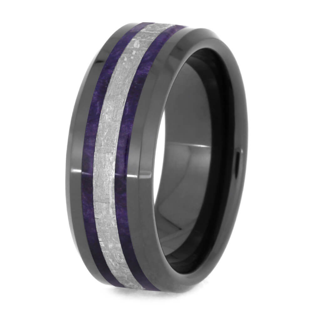 Men's Meteorite Wedding Band With Purple Box Elder Burl Wood-2548 - Jewelry by Johan