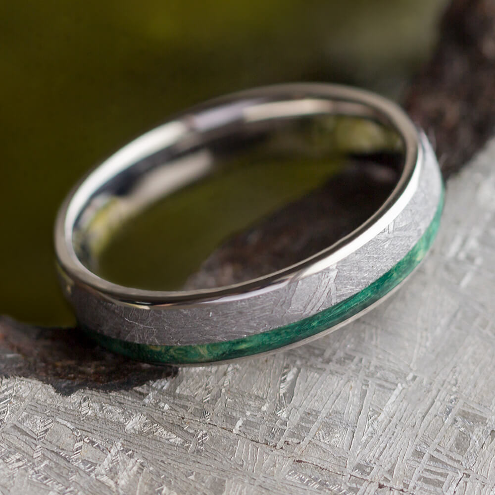 Green Wood Ring for Men, Titanium Wedding Band With Meteorite-2592 - Jewelry by Johan