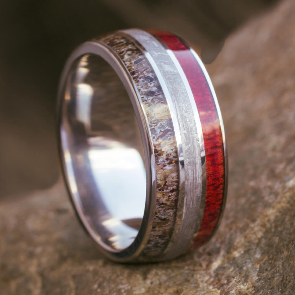 Natural Men's Wedding Band With Bloodwood, Meteorite And Deer Antler-2612 - Jewelry by Johan