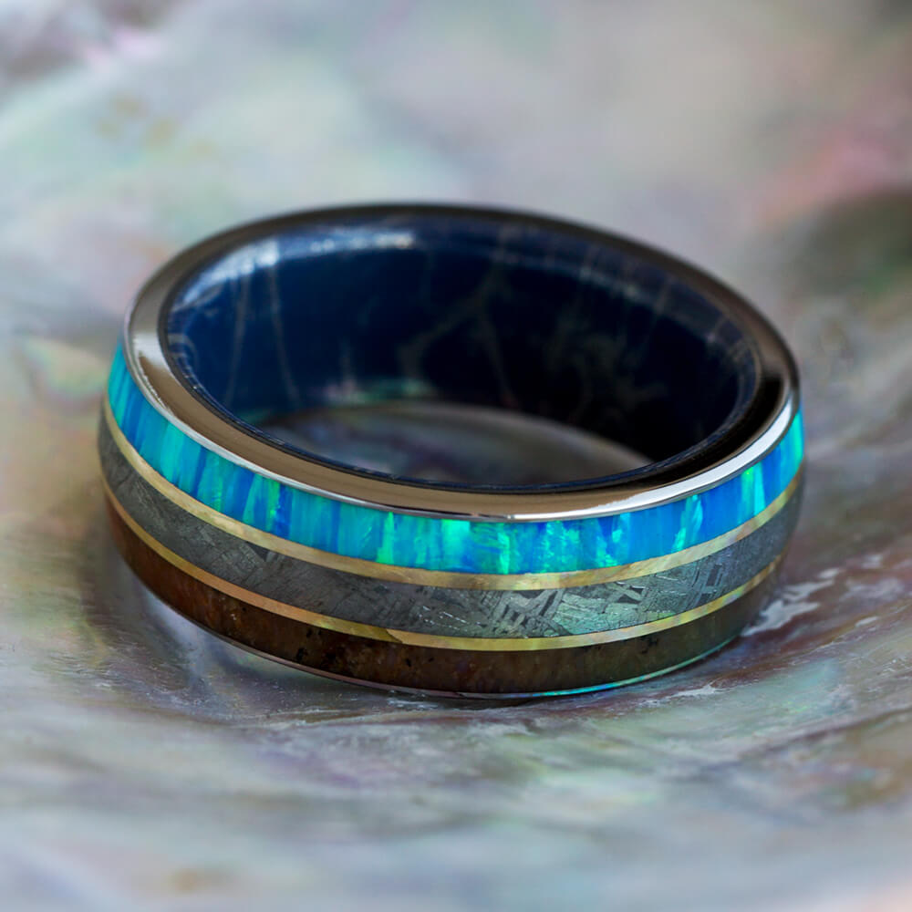 Meteorite And Fossil Ring With Mokume Sleeve And Yellow Gold Pinstripes-2637 - Jewelry by Johan