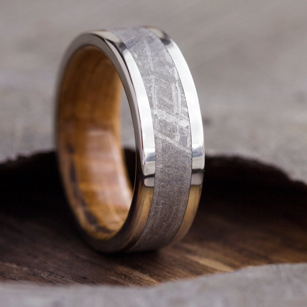 Whiskey Oak Wood & Meteorite Men's Wedding Band-2649 - Jewelry by Johan