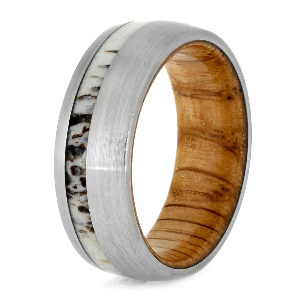 Brushed Titanium Wedding Band With Oak Wood Sleeve And Antler-2702 - Jewelry by Johan