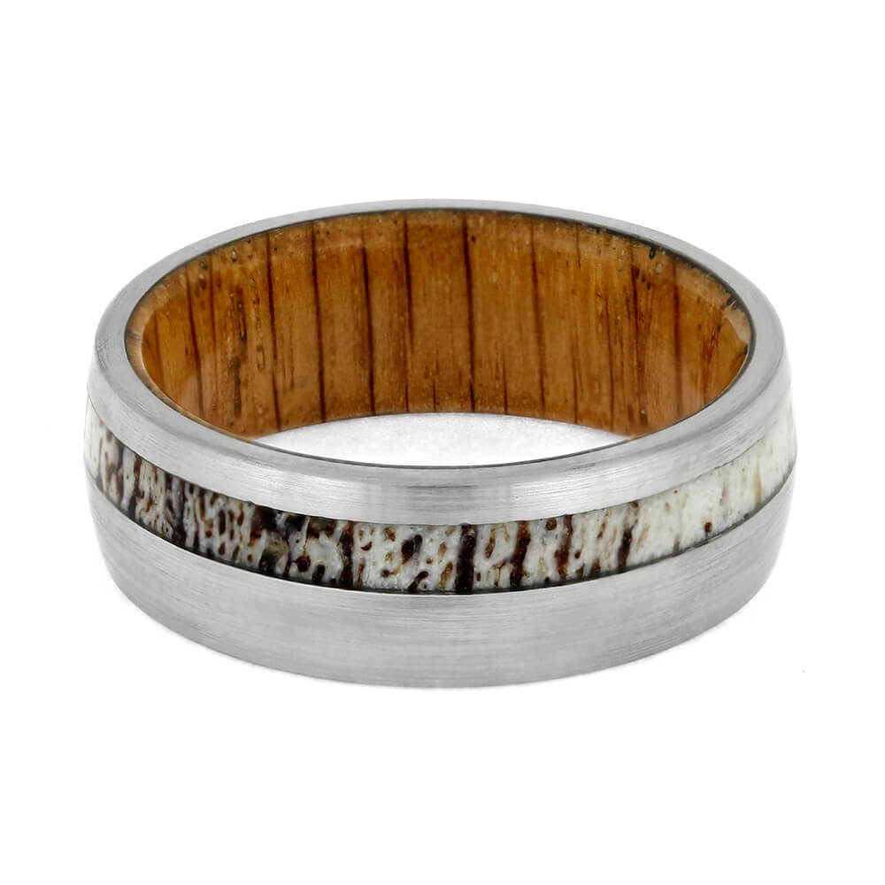 Brushed Titanium Wedding Band With Oak Wood Sleeve And Antler-2702 - Jewelry by Johan