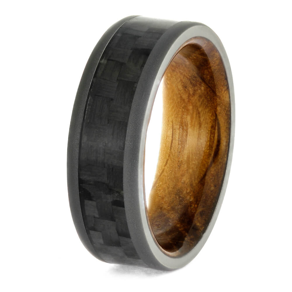 Carbon Fiber Wedding Band, Whiskey Oak Sleeve Ring With Sandblasted Titanium-2707 - Jewelry by Johan
