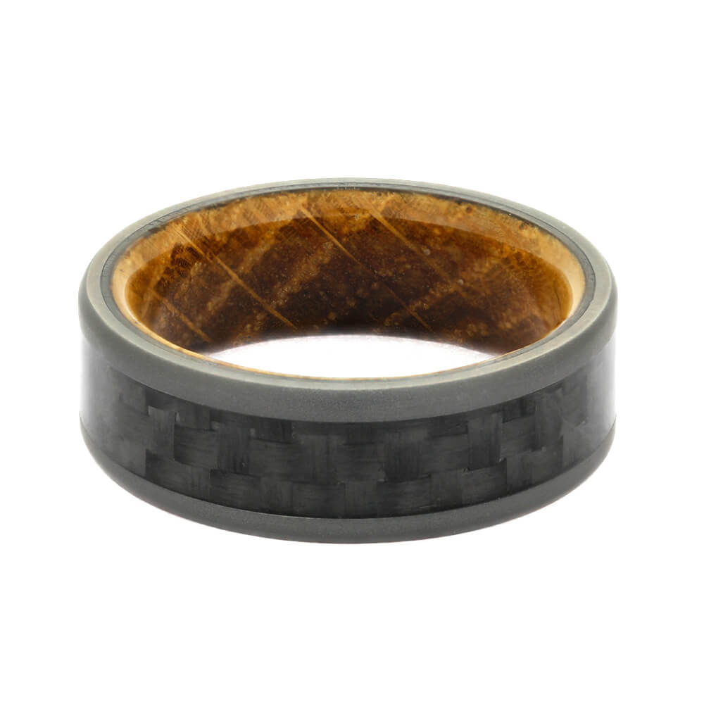 Carbon Fiber Wedding Band, Whiskey Oak Sleeve Ring With Sandblasted Titanium-2707 - Jewelry by Johan