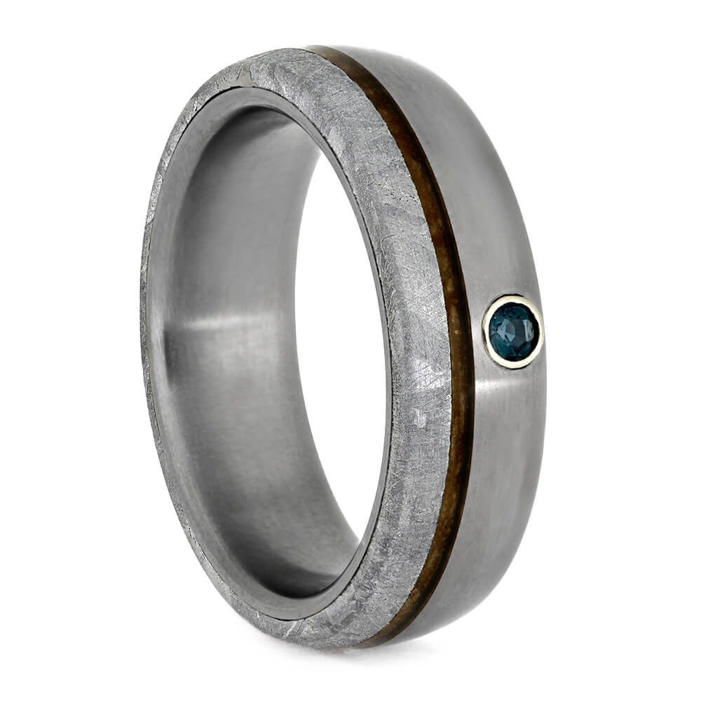 Alexandrite Men's Wedding Band With Meteorite And Whiskey Barrel Wood-3694 - Jewelry by Johan