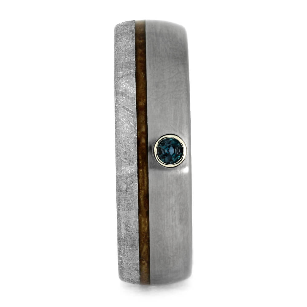 Alexandrite Men's Wedding Band With Meteorite And Whiskey Barrel Wood-3694 - Jewelry by Johan