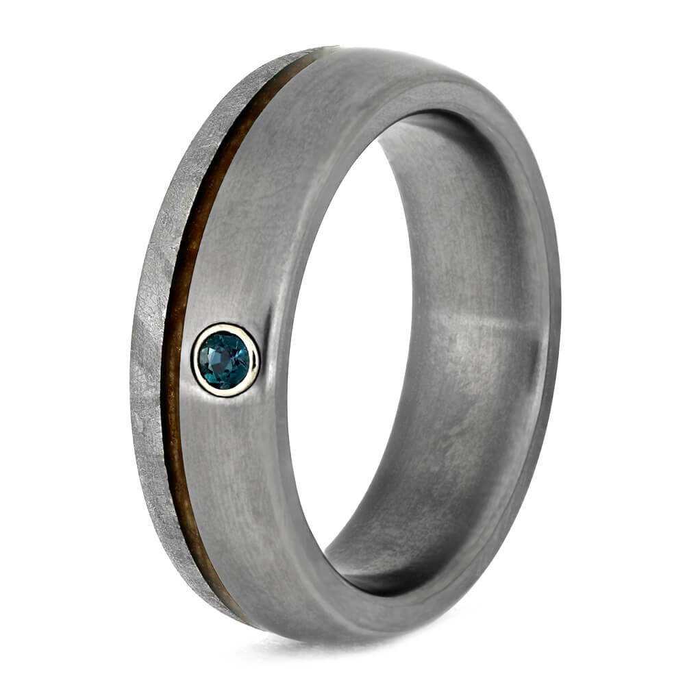 Alexandrite Men's Wedding Band With Meteorite And Whiskey Barrel Wood-3694 - Jewelry by Johan