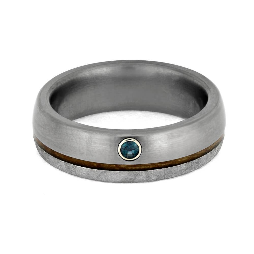 Alexandrite Men's Wedding Band With Meteorite And Whiskey Barrel Wood-3694 - Jewelry by Johan