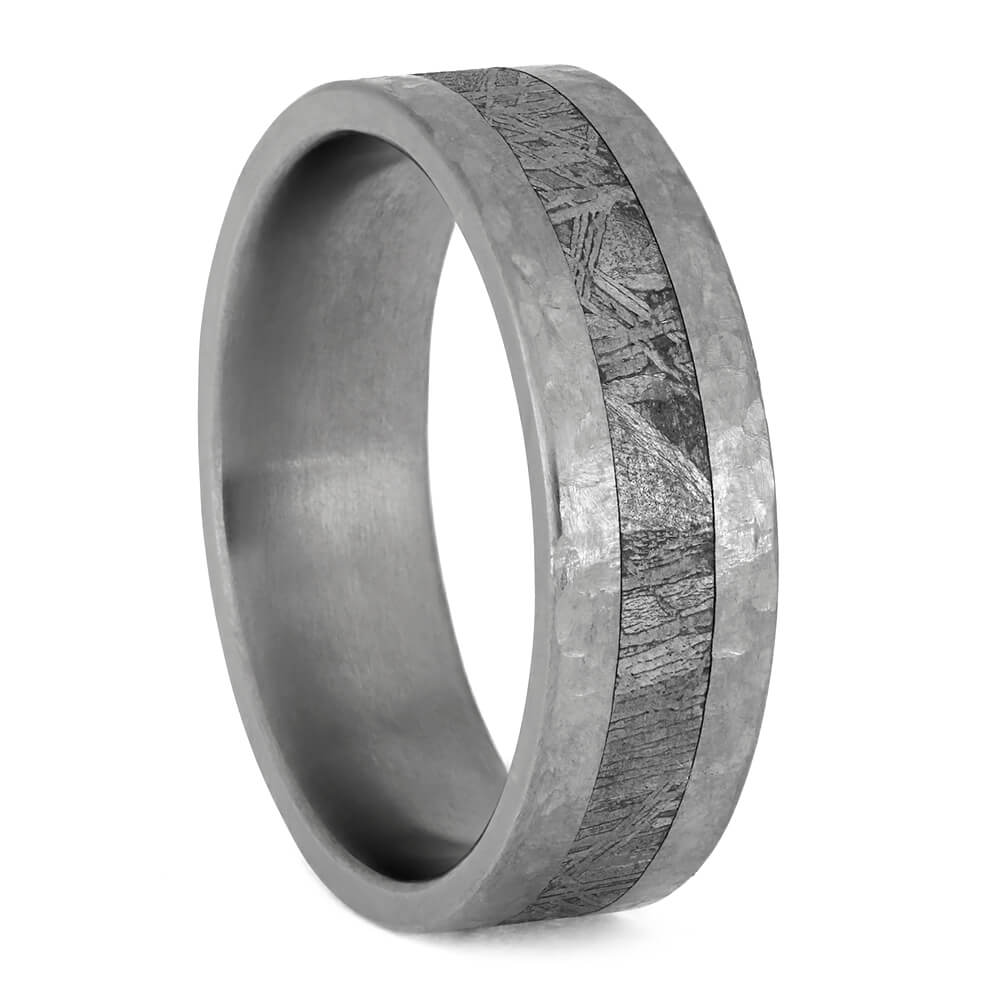 Hammered Titanium Men's Wedding Band With Gibeon Meteorite-3732 - Jewelry by Johan