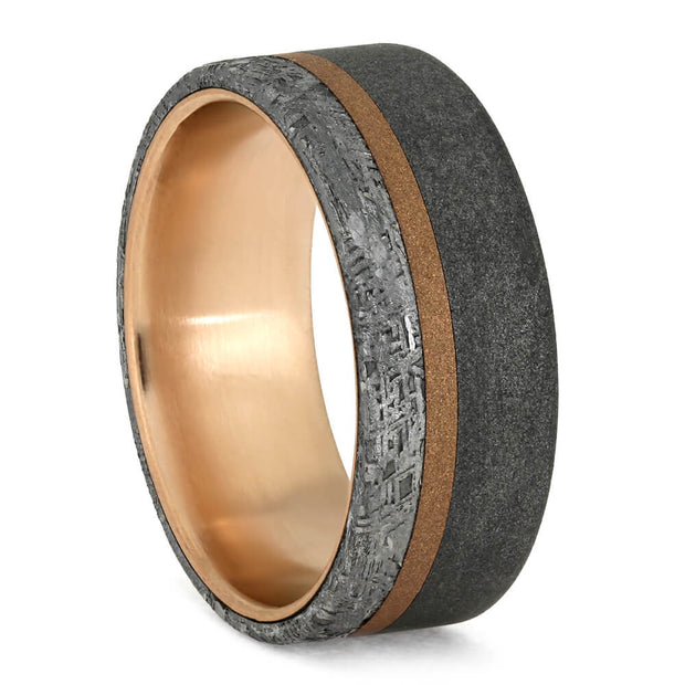 Men's Meteorite Wedding Ring With Rose Gold And Sandblasted Titanium-3763 - Jewelry by Johan