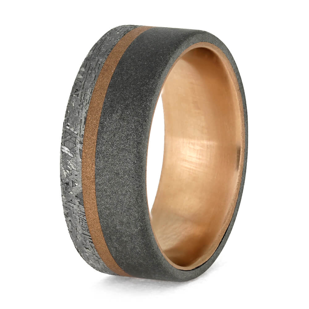 Men's Meteorite Wedding Ring With Rose Gold And Sandblasted Titanium-3763 - Jewelry by Johan