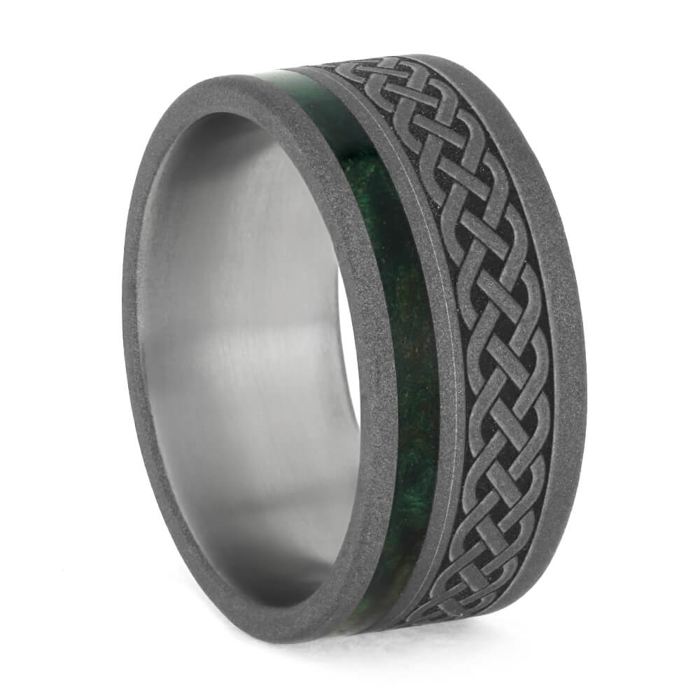 Green Wood Ring, Sandblasted Titanium Wedding Band With Celtic Knot Engraving-3770 - Jewelry by Johan