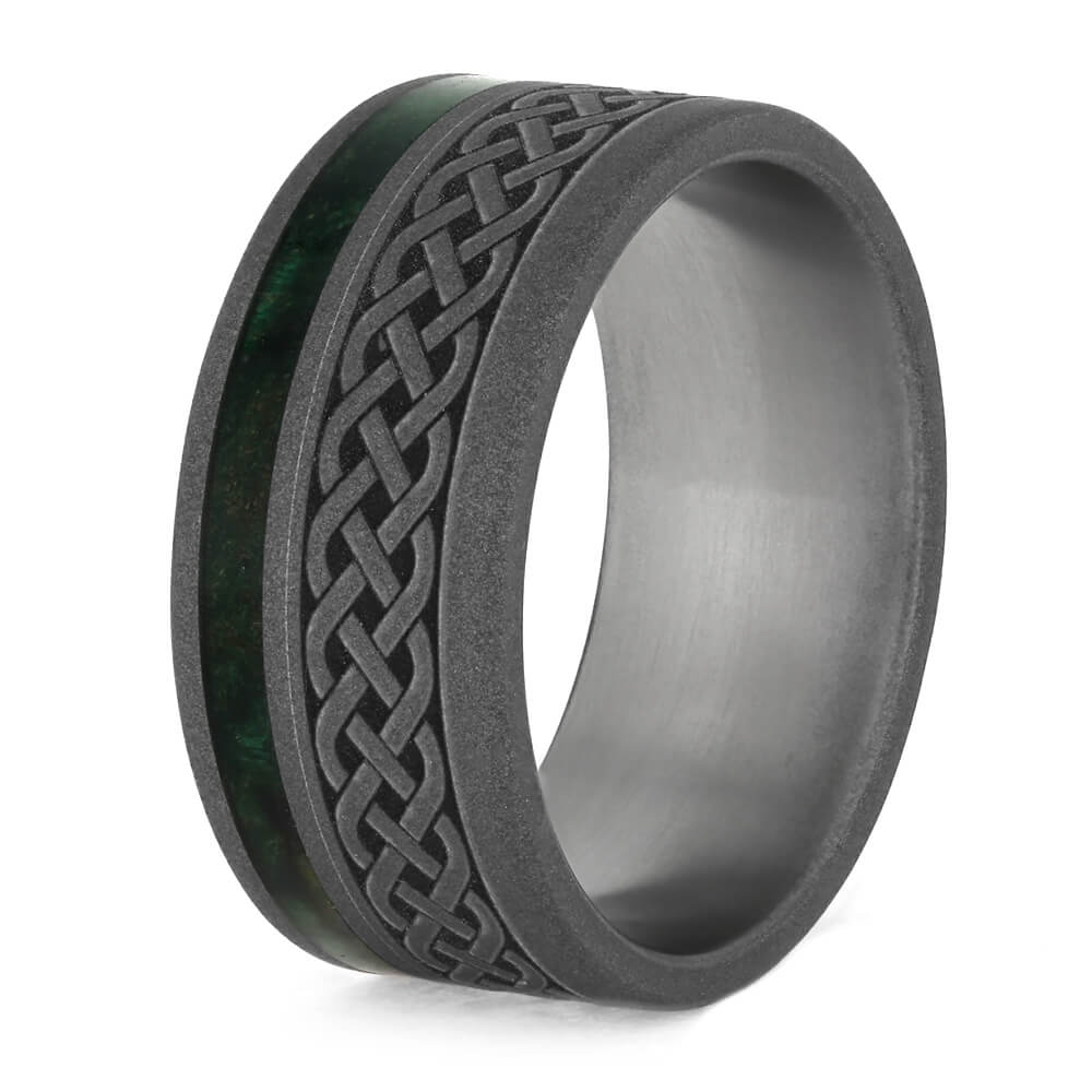 Green Wood Ring, Sandblasted Titanium Wedding Band With Celtic Knot Engraving-3770 - Jewelry by Johan