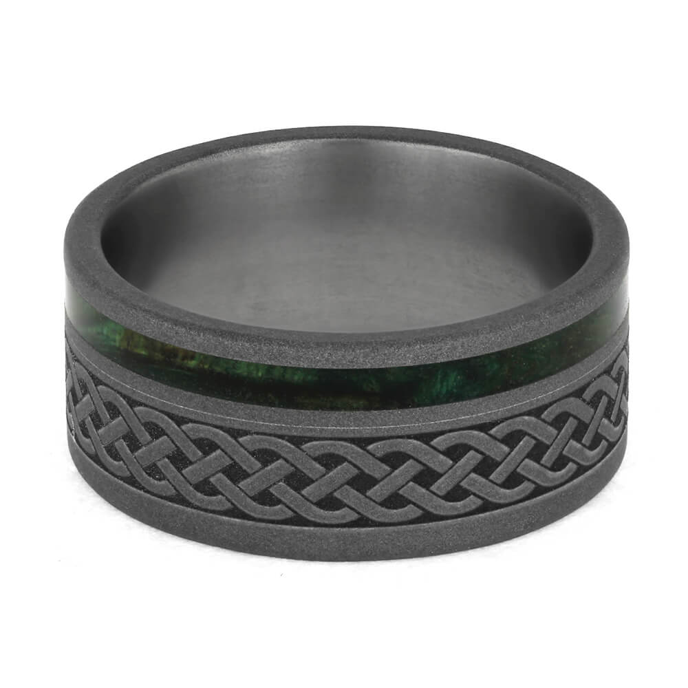 Green Wood Ring, Sandblasted Titanium Wedding Band With Celtic Knot Engraving-3770 - Jewelry by Johan