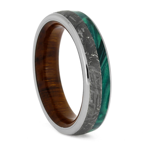 Unique Men's Wedding Band With Meteorite, Ironwood Sleeve and Malachite-3787 - Jewelry by Johan