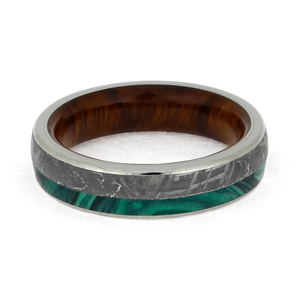 Unique Men's Wedding Band With Meteorite, Ironwood Sleeve and Malachite-3787 - Jewelry by Johan