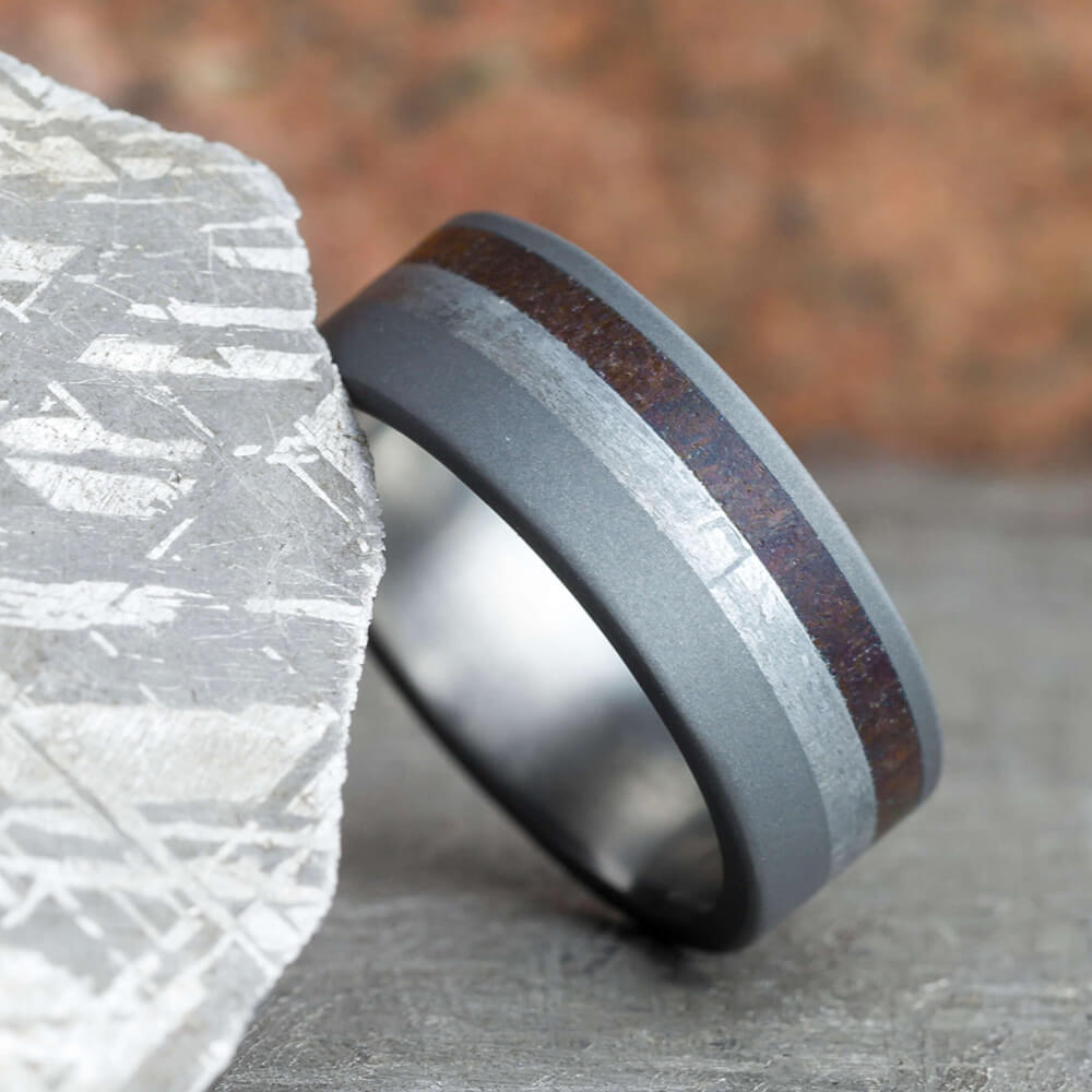 Plus Size Meteorite & Dinosaur Bone Ring in Sandblasted Titanium - Jewelry by Johan