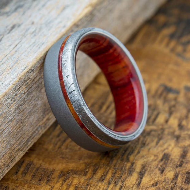 Wood Wedding Band With Sandblasted Titanium And Meteorite-3141 - Jewelry by Johan