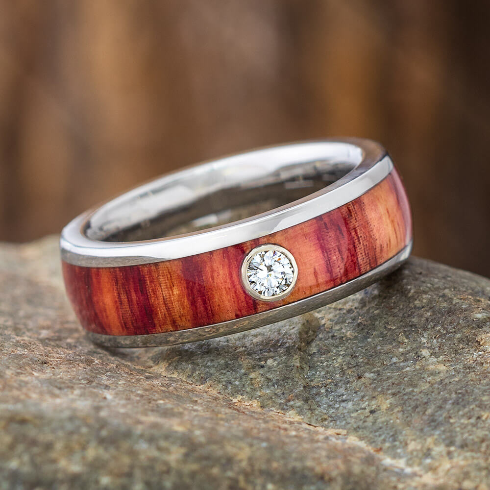 Diamond Wood Wedding Band With White Gold Bezel And Titanium Ring-3148 - Jewelry by Johan