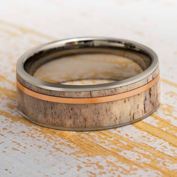 Deer Antler Wedding Band with Rose Gold Pinstripe