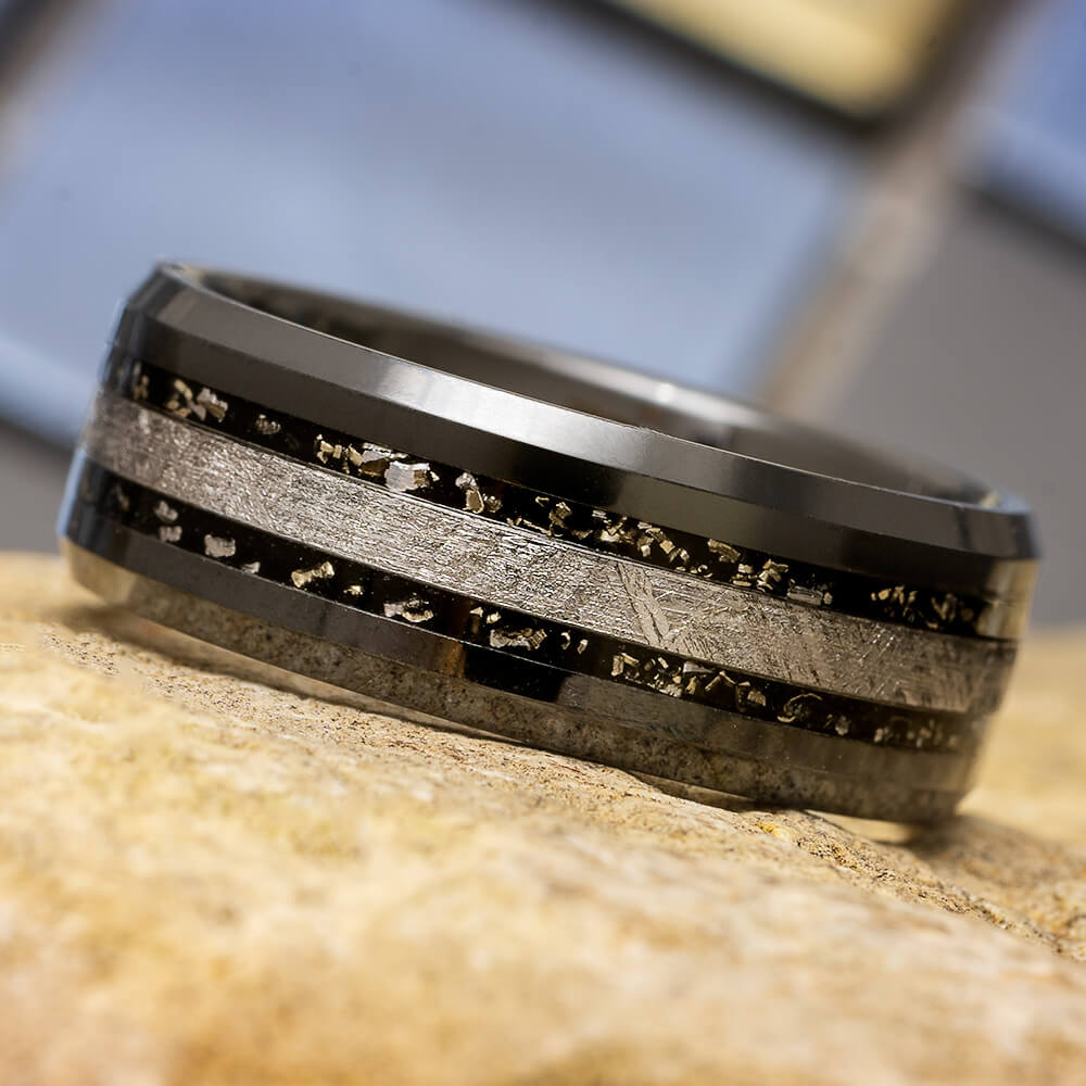 Black Ceramic Wedding Band with Meteorite and Stardust