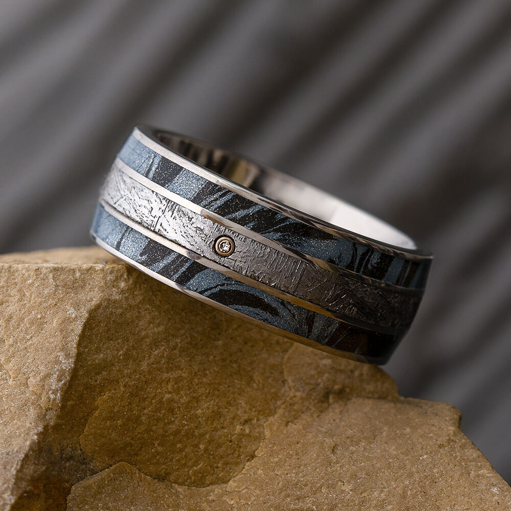 White Sapphire Ring With Mokume Composite And Meteorite-3171 - Jewelry by Johan