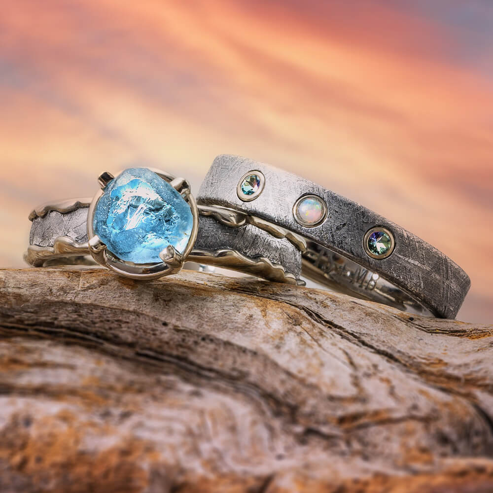 Meteorite and Aquamarine Wedding Ring Set