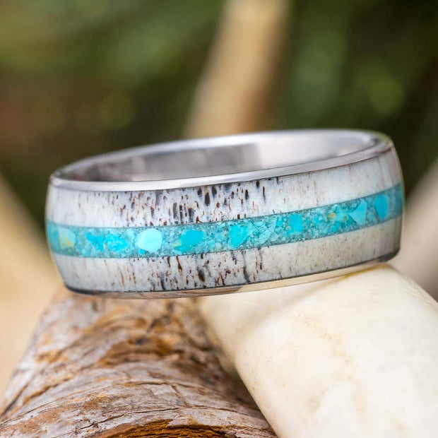 Deer Antler Wedding Band with Turquoise