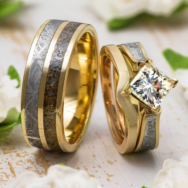 Yellow Gold His and Hers Ring Set with Meteorite and Dino Bone