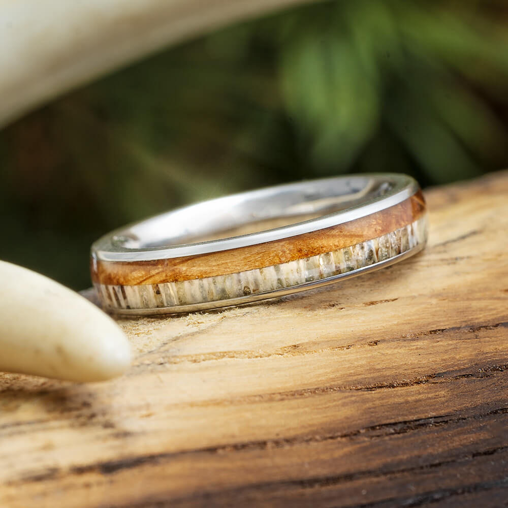 Whiskey Barrel Oak Wood Wedding Band with Deer Antler