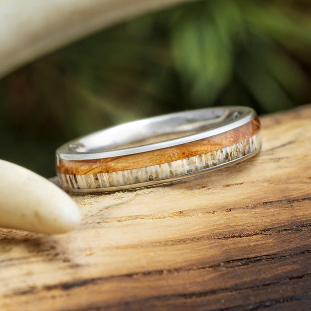 Whiskey Barrel Oak Wood Wedding Band with Deer Antler