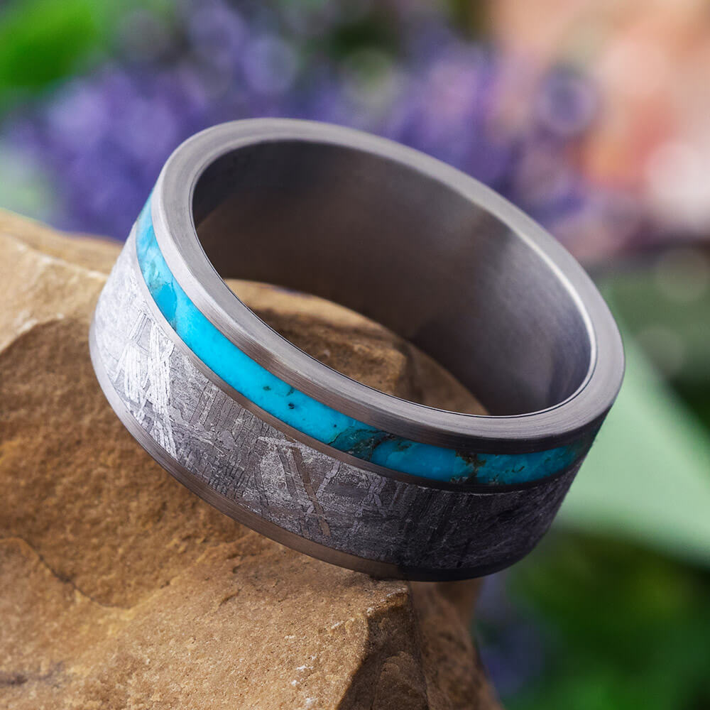 Titanium and Meteorite Men's Wedding Band with Turquoise-3291 - Jewelry by Johan