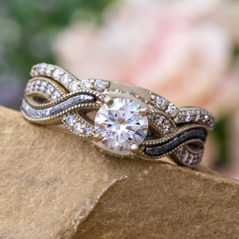 Meteorite Bridal Set with Diamond Twist Design in White Gold