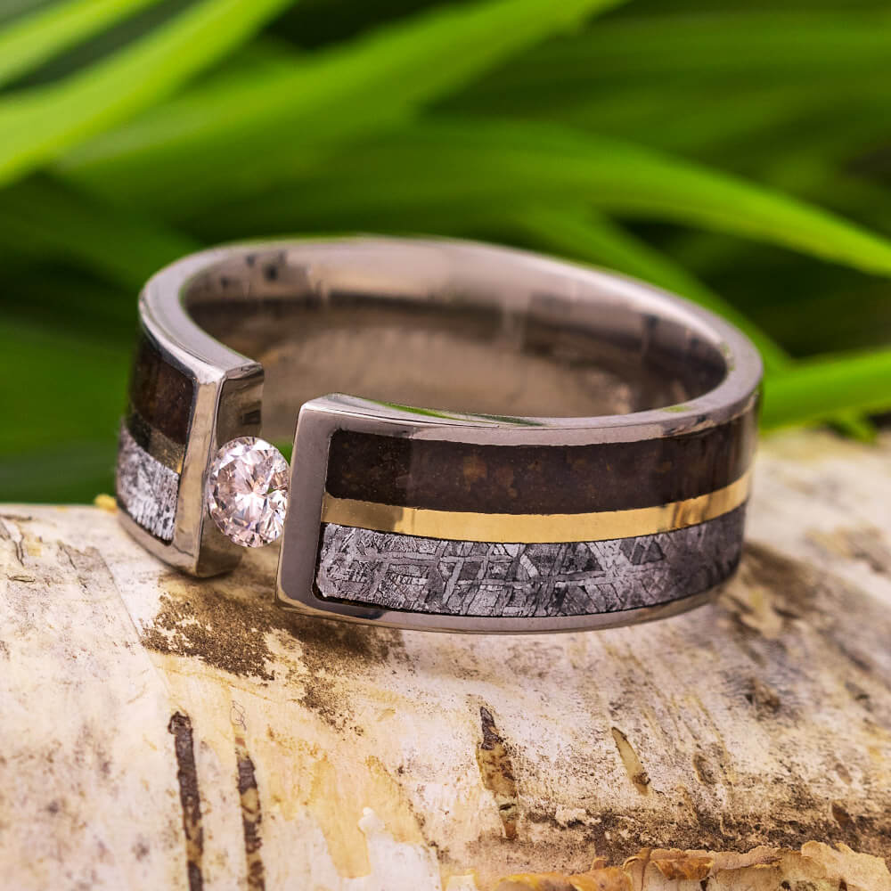 Tension Set Diamond Engagement Ring, Meteorite and Dinosaur Bone Ring with Yellow Gold-3358 - Jewelry by Johan
