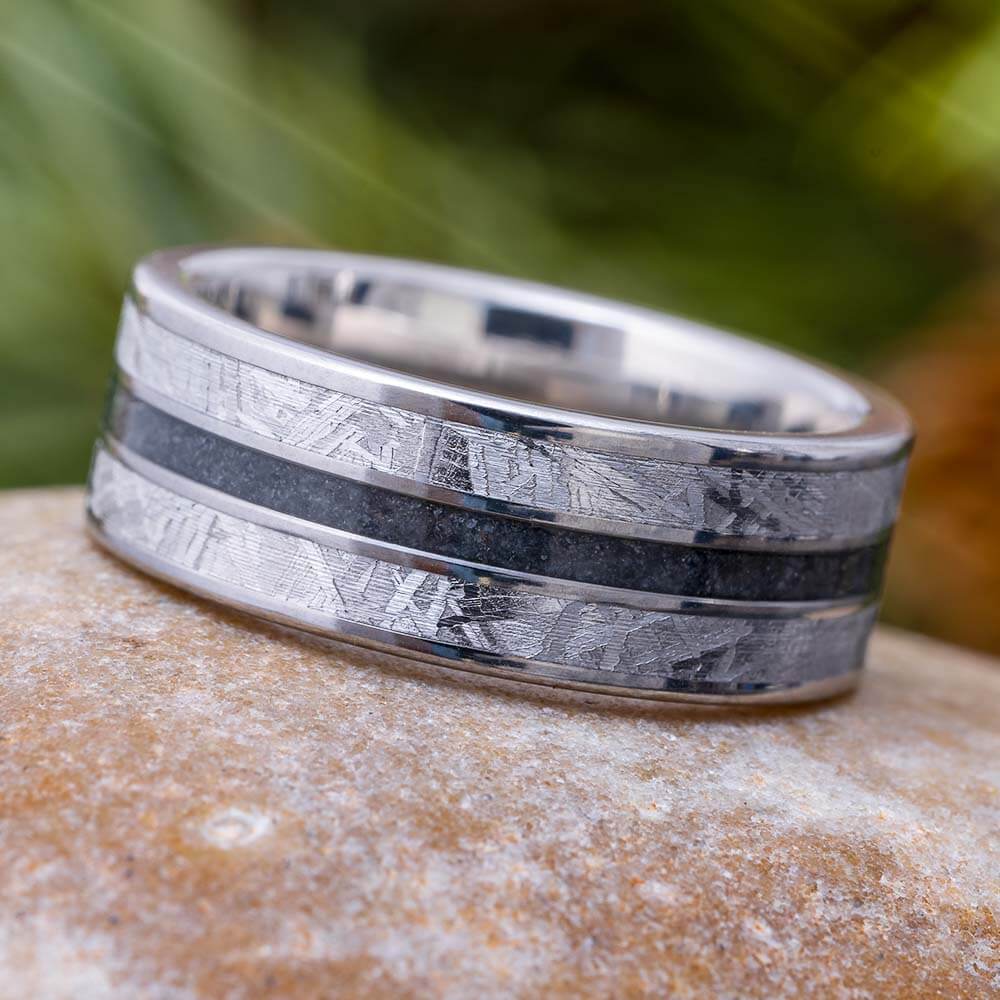 Meteorite Wedding Band with Crushed Onyx Jewelry By Johan