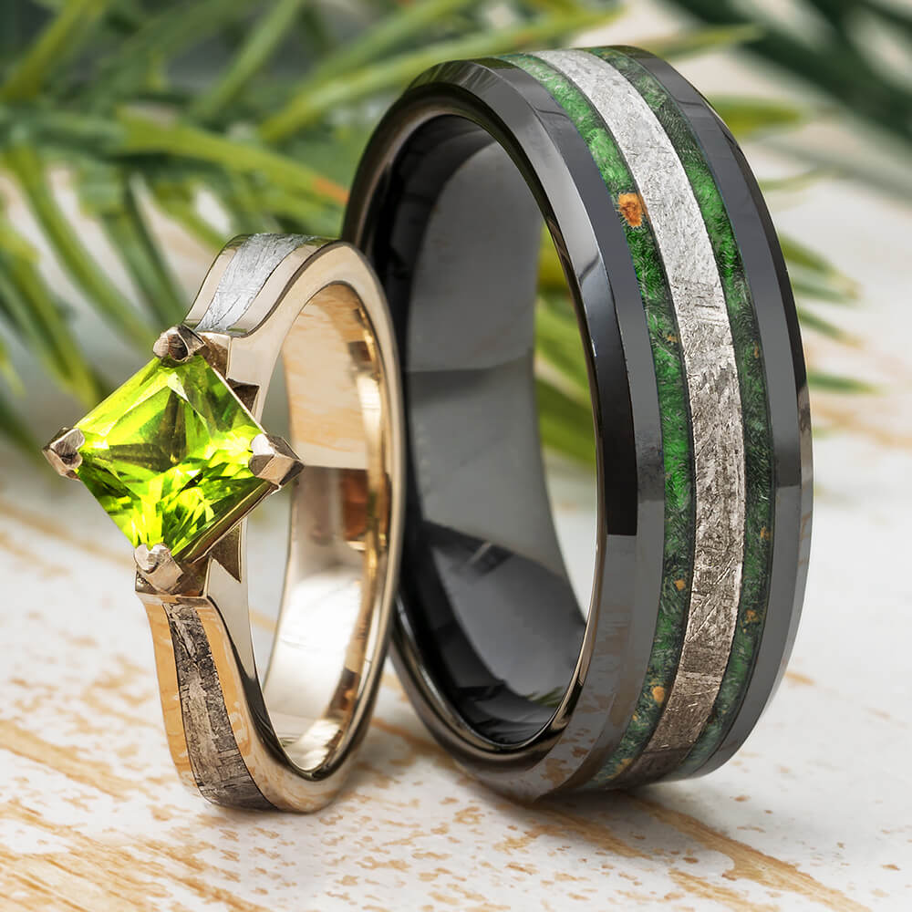 Meteorite and Peridot Matching Ring Set