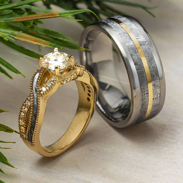 Matching His and Hers Meteorite Wedding Ring Set