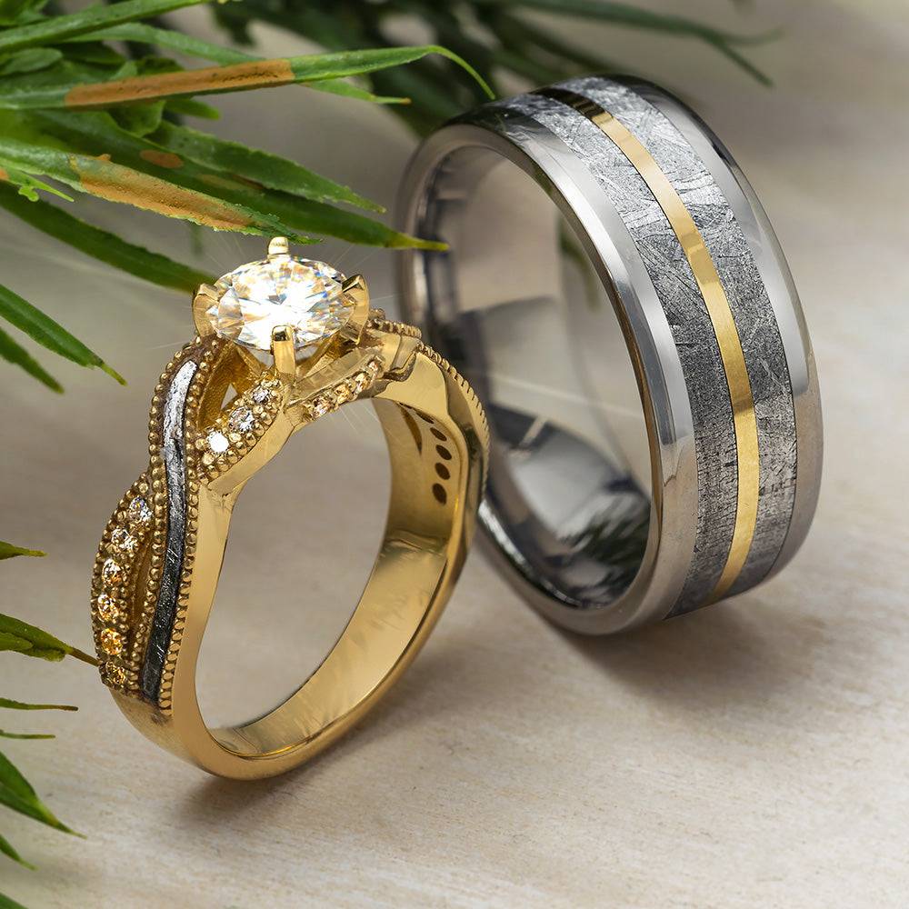 Matching Meteorite Wedding Rings with Polished Gold | Jewelry by Johan