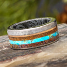 Petrified Wood and Mokume Fossil Ring With Rose Gold Pinstripe